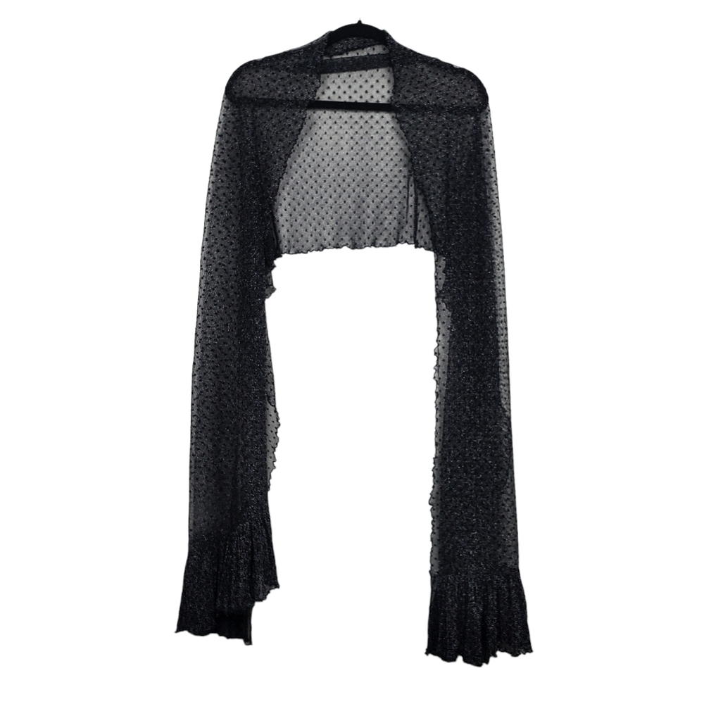 Black Sheer Mesh Velvet Polka Dot Silver Metallic Scarf Size OS